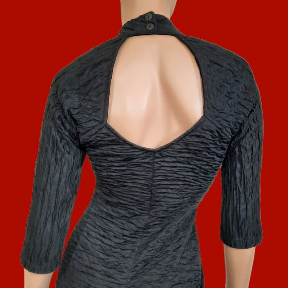 Vintage 90s Black Gothic Vampy Midi Dress Size S High Neck Cut Out Crinkled - Picture 6 of 10